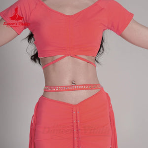 Belly Dance Costume Women's Neon Green Short Sleeve Crop Top with Criss-Cross Straps and Ruched Fringe Skirt