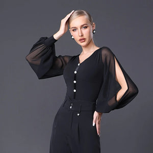 Women's Black V-Neck Chiffon Sleeve Bodysuit with Decorative Buttons, Ballroom Dance