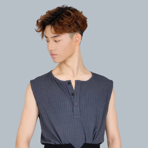 Men's Gray & Navy Ribbed Sleeveless Henley Dance Top with High-Waisted Black Pants, Modern Lyrical Ballet Contemporary Dancewear