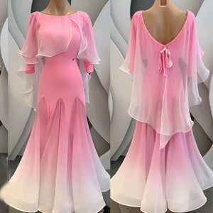 Ballroom Dance Dress Women Pink Ombre Chiffon & Spandex Long Sleeve Cape Back Ribbon Tie Standard Smooth Foxtrot Waltz Tango