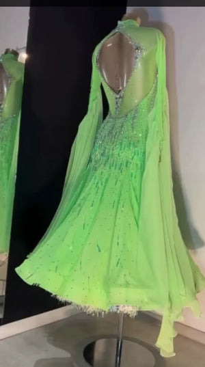 Women's Lime Green Rhinestone & Fringe Ballroom Dance Dress with Sheer Sleeves