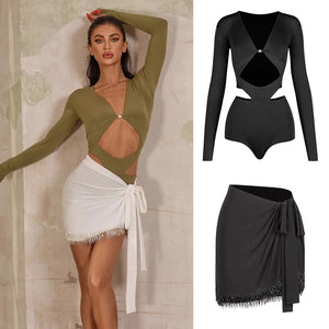 Women's Olive Green Long Sleeve Cutout Bodysuit with Gold Buckle, White Fringe Tie-Waist Skirt, Latin Dancewear