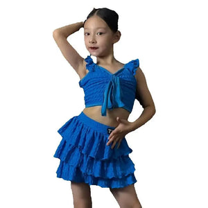 Girls Blue Ruffled Crop Top and Tiered Skirt Dancewear Set, Polyester Spandex