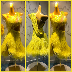 Women's Yellow Sequin Fringe Feather Latin Dance Dress