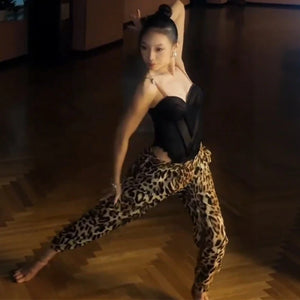 Women's Black Sweetheart Bodysuit with Leopard Print Jogger Pants, Ballroom Dance Outfit