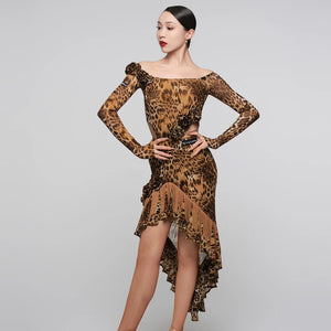 Women's Brown Leopard Print Latin Dance Dress with Black Lace, High-Low Hem, and Ruffled Detail