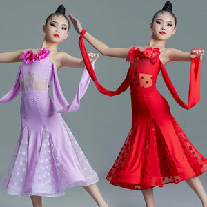 Kids Girls Latin Dance Dress, Red & Lavender Polka Dot Mesh Ruffle Salsa Ballroom Performance Costume