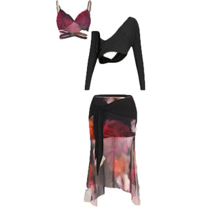 Dance Top and Skirt Set Women's Black and Multi-color Abstract Print Mesh Asymmetrical Hem Latin Dancewear