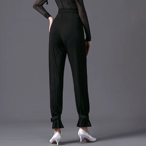 Women's Black Sheer Velvet Long Sleeve Bodysuit & Ruffled Hem Dance Pants Latin Ballroom