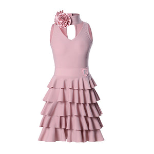 Girls' Pink V-Neck Ruffled Skirt Latin Dance Dress with Floral Choker, Black V-Neck Ruffled Skirt Latin Dance Dress with Floral Choker