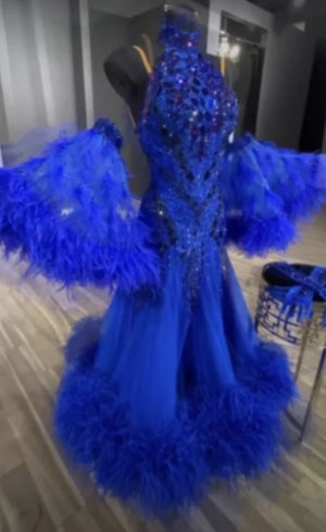 Ballroom Dance Dress Women's Royal Blue Sequin Feather Embellished Tulle Gown