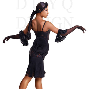 Women's Black & Bronze Snake Print Fringe Latin Dance Dress with Pleated Fan Detail