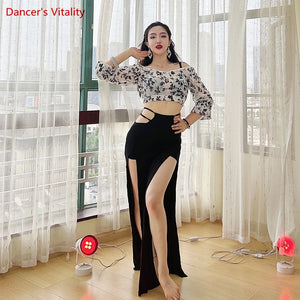 Belly Dance Outfit, Women's Black & White Floral Chiffon Crop Top & High-Slit Skirt, Modern Belly Dance Costume