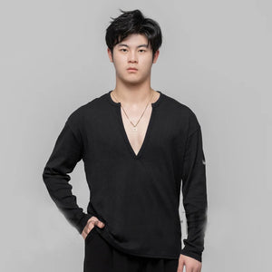 Men's Black & White V-Neck Long Sleeve Textured Latin Dance Shirt
