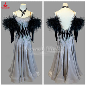 Ballroom Dance Dress Women's Gray with Black Feather Sleeves and Beaded Flame Design Standard Smooth Gown