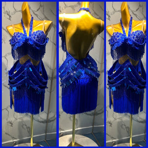 Latin Dance Dress Women's Teal Sequin Fringe Halter Backless Rumba Samba Cha-Cha Costume