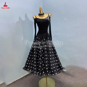 Women's Standard Ballroom Practice Dress With Polka Dot Big Swing Skirt Black For Waltz Foxtrot Tango
