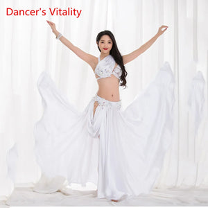 Belly Dance Costume Women's White Sequin Halter Top & High Slit Skirt Set Chiffon Tribal Fusion Dancewear