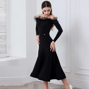 Ballroom Dance Dress Women's Black Off-Shoulder Ruffle Long Sleeve Mermaid Hem Standard Latin Performance Gown