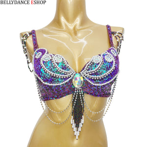 Women's Red Sequin & Pearl Beaded Belly Dance Bra Top with Shoulder & Waist Chains