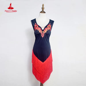 Women's Black & Neon Green Fringe Latin Dance Dress with Appliques & Rhinestones