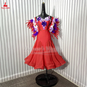 Ballroom Dance Dress Women's Red Floral Feather Embellished Standard Smooth Latin Rhythm Dance Gown