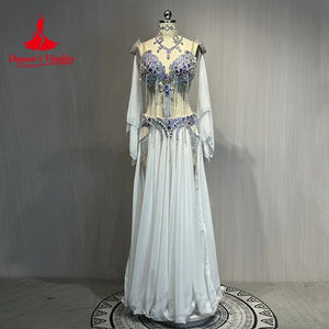 Women's Belly Dance Costume Set With Rhinestone Tassel For Professional Performance