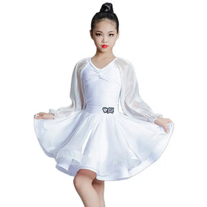 Kids Girls White Mesh Long Sleeve Ruffled Latin Ballroom Dance Dress with Layered Skirt