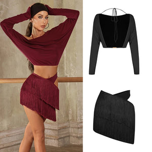 Women's Burgundy & Black Fringe Latin Dance Skirt Set with Long Sleeve Crop Top