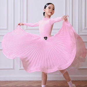 Girls Pink Long Sleeve Pleated Ballroom Dance Dress with Heart Logo