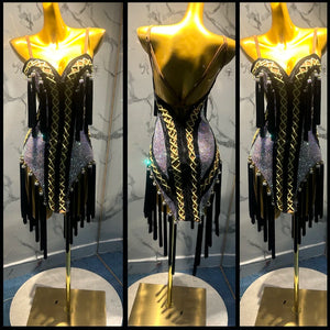 Latin Dance Dress, Women's Black & Gold Sequin Fringe Strappy Back Rhinestone Performance Dress