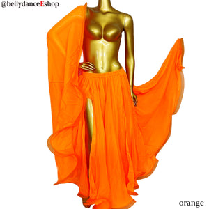 Belly Dance Women's Yellow Chiffon Full Circle Skirt with Gold Trim, Slit Design