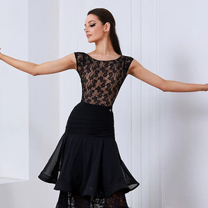 Women's Black Lace Cap Sleeve Bodysuit and Ruffled Chiffon Skirt Latin Ballroom Dance Dress