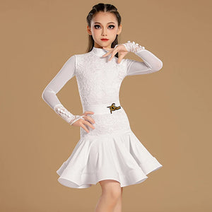 Girls White and Mint Green Lace Long Sleeve Ballroom Dance Dress