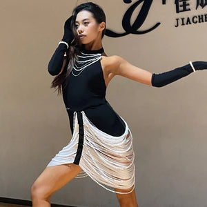 Women's Black Halter Neck Pearl Fringe Latin Dance Dress