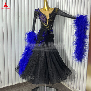 Women's Ballroom Dance Dress With Polka Dots And Ostrich Feather Sleeves For Waltz Foxtrot Tango Quickstep