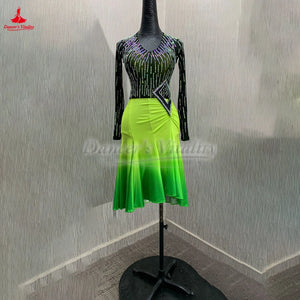 Women's Lime Green Ombre Rhinestone Mesh Latin Dance Dress