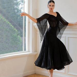 Women's Black Mesh & Chiffon Ballroom Dance Dress with Bell Sleeves