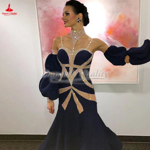 Women's Navy Blue Ballroom Dance Dress with Rhinestone Embellishments and Puffed Sleeves