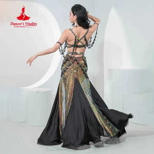 Belly Dance Costume Women Green Sequin Bra and Slit Skirt Set with Black Chiffon Panels for Professional Performance