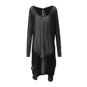 Women's Black Mesh Long Sleeve Latin Dance Dress with Fringe Skirt