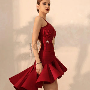 Women's Light Blue Halter Cutout Ruffled Latin Dance Dress with Gloves