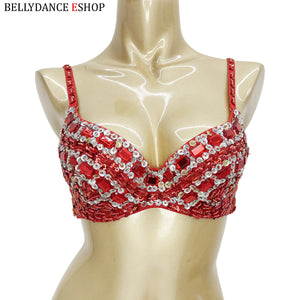 Belly Dance Bra, Women's Red Bejeweled Sequin Embellished Rhinestone Costume Top, Belly Dancing