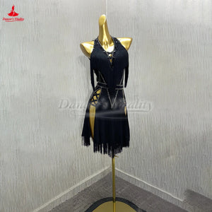 Latin Dance Dress Women's Black Fringe Halterneck Open Back Rhinestone Sequin Performance Costume