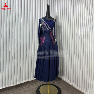 Women's Navy Blue Crystal Embellished Long Sleeve Open Back Ballroom Dance Dress
