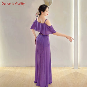 Belly Dance Costume Women Purple V-Neck Off-Shoulder Crop Top and Slit Skirt Set with Rhinestone Detail