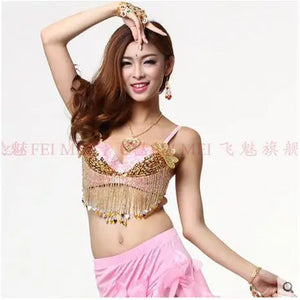 Women's Blue and Gold Sequin Beaded Fringe Belly Dance Bra Top