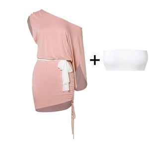 Women's Pink Off-Shoulder Dolman Sleeve Ruched Mini Dress with White Tie, Ballet Dance