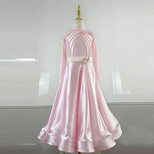 Women's Pink Satin Ballroom Dance Dress with Mesh Sleeves and Ruched Bodice