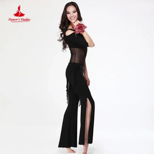 Belly Dance Women's Black Mesh Panel V-Neck Top & Slit Skirt Set with Floral Wristband, Long Sleeve Performance Costume